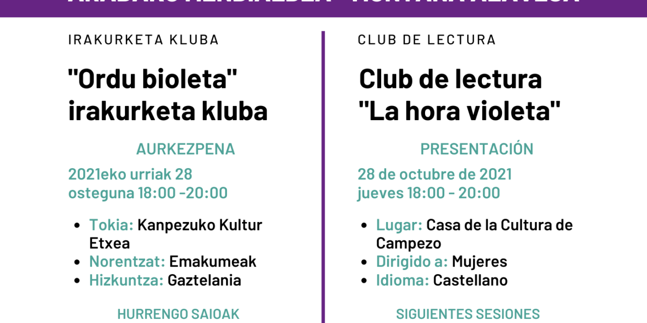 Presentación-Aurkezpena: Club de lectura «La hora violeta» (Santa Cruz de Campezo, urriak 28 de octubre)