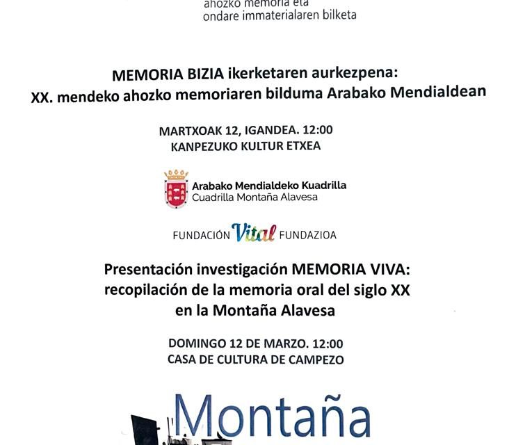 Presentación investigación Memoria Viva: recopilación de la memoria oral del siglo XX en la Montaña Alavesa (Kanpezuko Kultur Etxea, martxoak 12 de marzo).