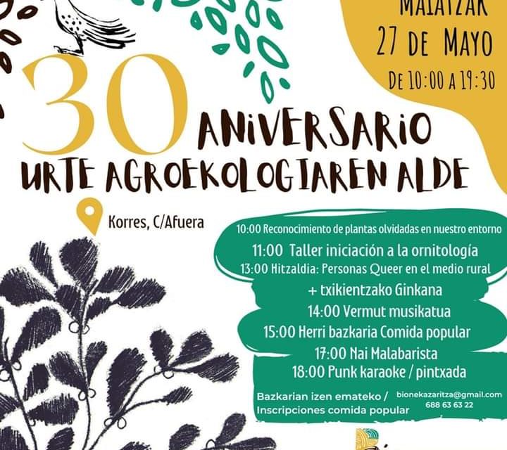 30  aniversario de Bionekazaritza. 30 urte agroekologiaren aldea (Korres, maiatzak 27 de mayo).